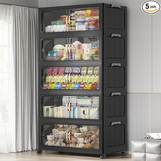 BROVIEW V60 700QT Plastic Stackable Storage Bins with Lid, 5Pack Black | 175Gal Extra Large Closet Organizers Collapsible Cabinets Boxes With Drawer, Foldable Container with 4x Wheels for Home by BROVIEW-EnjoytheArtofLife