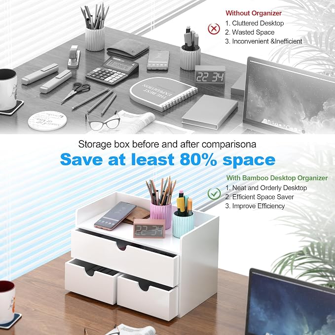 Bamboo Desk Organizer wtih Drawers Mini Desktop Drawer Tabletop Storage | 100% Bamboo Countertop Organizer Drawers,Makeup Storage,Kitchen Spice Organizers,3 Drawer Tabletop Storage,for Home Office - Image 7