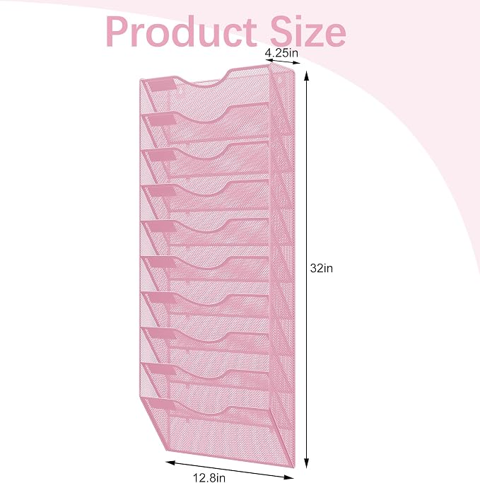 EasyPAG 10 Pocket Mesh Wall File Organizer, Hanging Paper Folder Holder with Classify Label, Vertical Wall Mount Mail Organizer for Office Home Classroom, Pink - Image 9