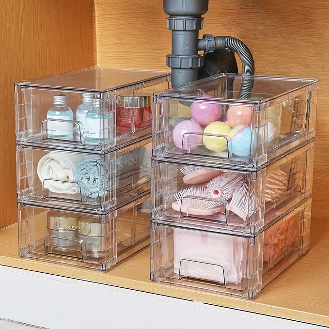 Vtopmart 10 Pack Stackable Clear Drawer with Dividers | Clear Drawer Organizers with Removable Dividers for Flexible storage. Stackable, Non-slip, for Fridge, Under Sink & Bthroom - Image 2