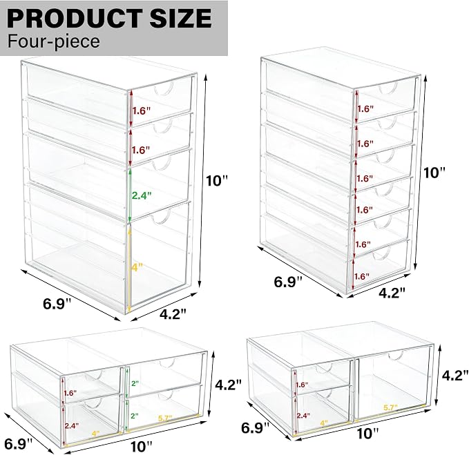 Prsildan 17 Drawers Teacher Toolbox Office Supply Organizer, Set of 4 | Clear Acrylic, Pull Out, Craft Desk Art Supply Accessories Vanity Countertop Bathroom Kitchen Cabinet Makeup Storage - Image 3