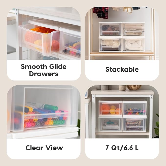 IRIS USA 4-Pack, 7 Qt. Small Stacking Drawer Storage Organizer, White | Store small accessories, office supplies, craft items, and paperwork around your home for easy organization - Image 4