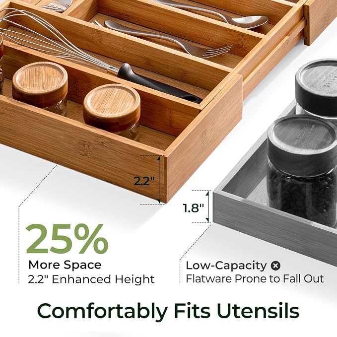 keechee Carbonized Bamboo Kitchen Drawer Organizer, 10 Slots Expandable Silverware Organizer, Utensil Holder & Cutlery Tray, 2.2" Deep for Extra Capacity, Non-Slip Feet Included - Image 3