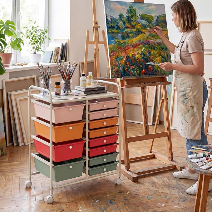 COSTWAY 12 Drawer Rolling Storage Cart, Utility Cart with Metal Frame | Mobile Art Supply Craft Organizer, Multipurpose Storage Organizer for Paper, Office, School Teacher, Classroom, Macaron - Image 9