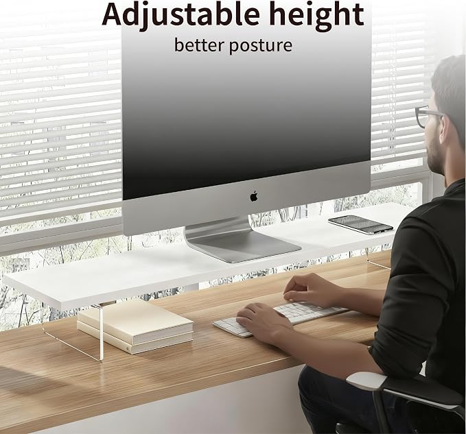 Wood Monitor Stand Riser with Acrylic Legs, Computer Screen Stand Desk Organizer, 31.5 x 7.9 x 3.1 inch, Hold up to 66 lbs (White, 31.5"×7.9"×3.1") - Image 3