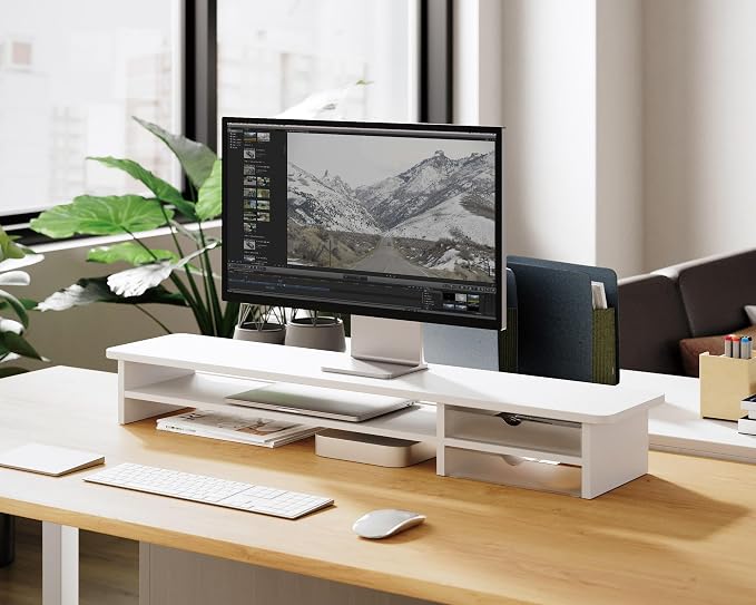 Fenge Monitor Stand, Desk Computer Riser with Frosted Storage Drawer, White | 42.5 Inch Dual Monitor Riser, 2 Tiers, Cable Management, Desk Shelf for 2 Monitors, Ultrawide Screen, Laptop, TV, Home Office - Image 2