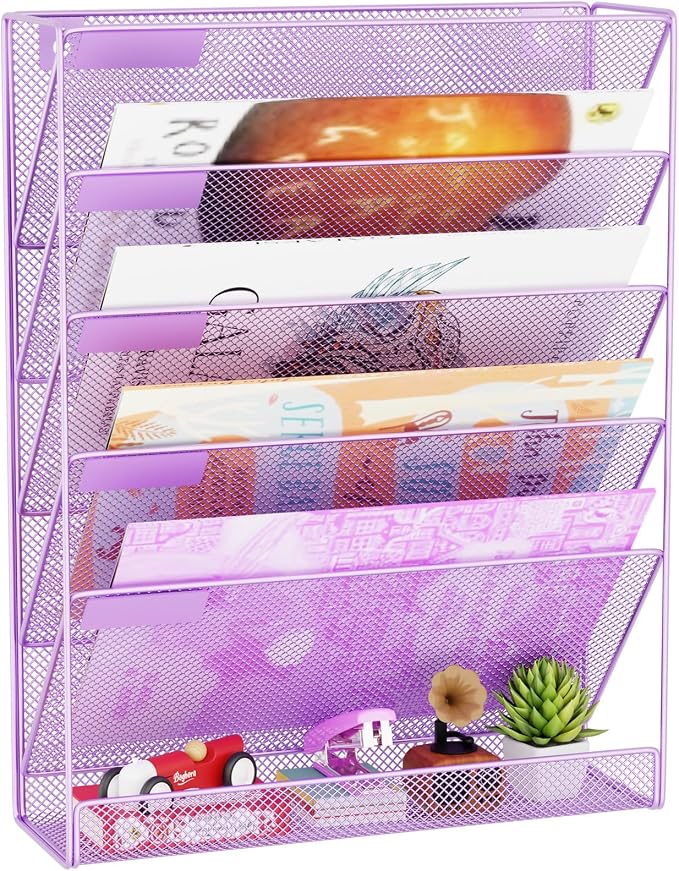 Wall File Organizer Holder Mesh Hanging Paper Document Holder, Vertical 6 Pocket Tier for Office Home, Light Purple by GDINDINFAN