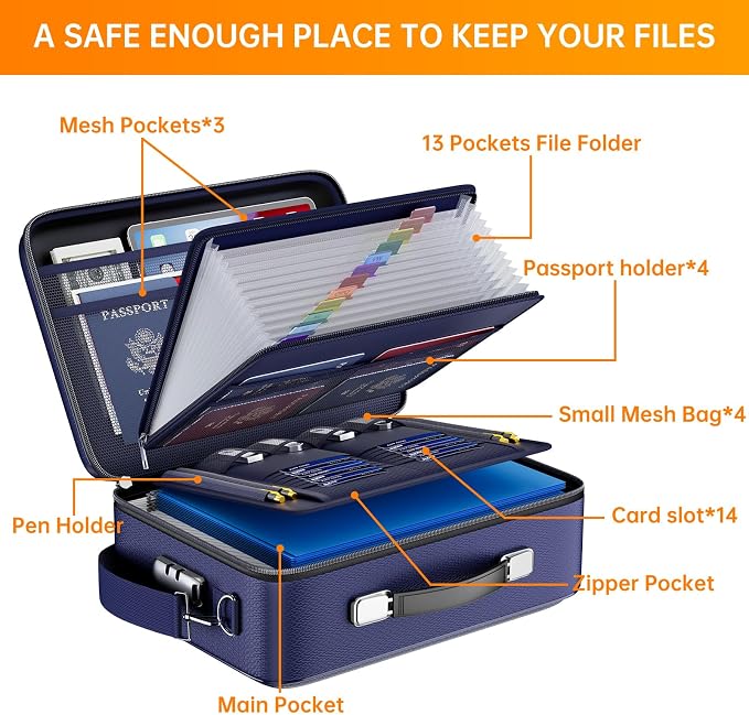 DocSafe Fireproof Document Box with Lock＆Shoulder Strap,Hard Case File Organizer with Accordion File Folder,Multi-Layer Portable Home Office Travel Safe Storage for Important Documents Laptop Blue - Image 9