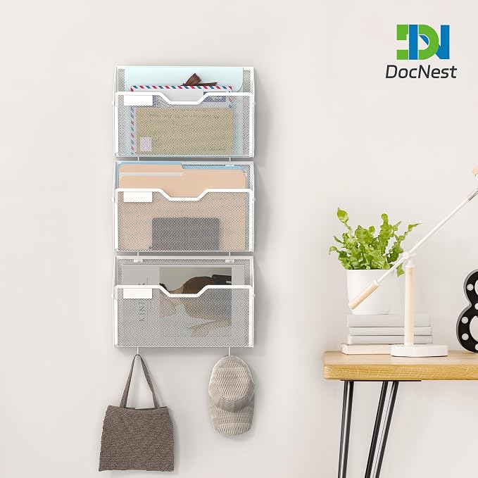 Docnest 3 Pack Mesh Wall File Holders with Hooks for Mail, White | Space-saving vertical design with utility hooks. Ideal paper document organizer for office, home, and school - Image 5