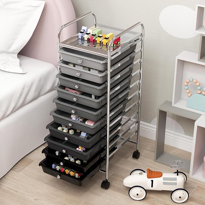 Storage Cart, Rolling Utility Cart with 10 Drawers, Portable Handles & Lockable Wheels, Mobile Paper Toys Storage Organizer Large Capacity for Home Office School Teacher (Gradient Black) - Image 8