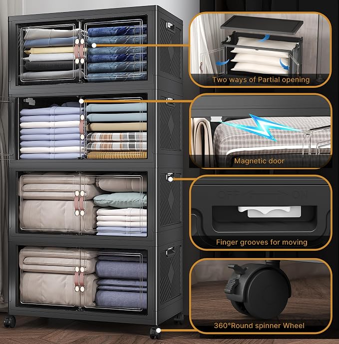 480QT Stackable Storage Bins with Lids, Doors & Wheels | Closet Organizers and Storage Cabinet , Lockable Plastic Foldable Drawers for Bedroom Dorm Office Garage（120QT*4,Black） - Image 6