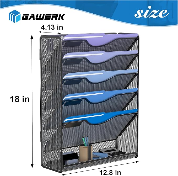 Gawerk 6 Tier Hanging File Organizer, Mesh Wall File Holder Paper Folder Rack with Bottom Flat Tray for Office Home, Black - Image 2