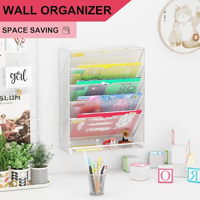 Hanging Wall File Organizer 6 Tier Wall Mounted File Holder Document Wall Organizer Magazine Organization for Office Home, Silver - Image 2