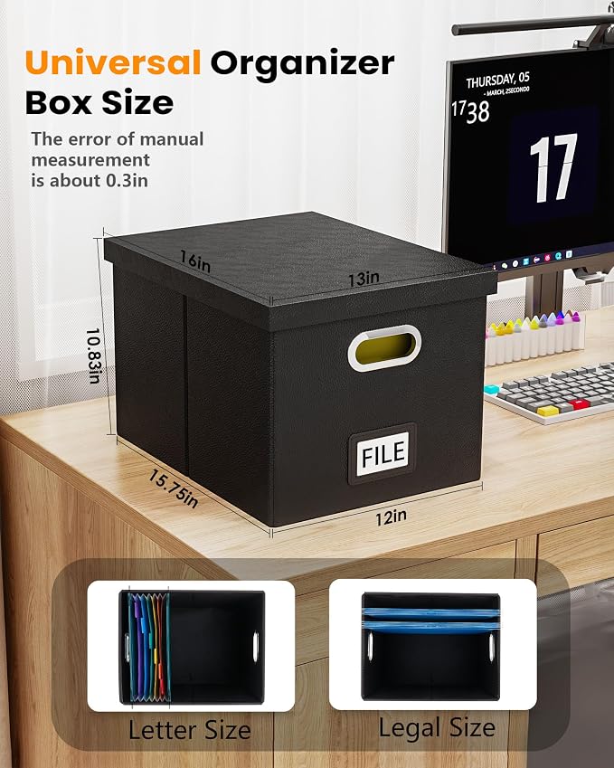 2 Pack File Storage Organizer Box, Portable Filing With Lid, Fit for Letter/Legal Folder Storage, Black (Leather) - Image 3