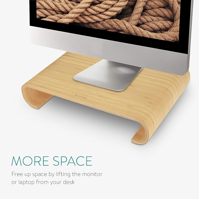 Navaris Wood Monitor Stand Riser - Computer Desk Organizer Desktop Dock Wooden Mount Display for PC TV Screen Notebook Laptop - Bamboo - Image 3