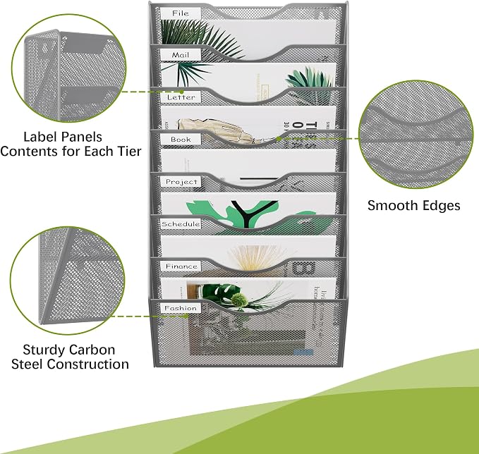 EasyPAG 8 Pocket Mesh Wall File Organizer, Hanging Paper Folder Holder with Classify Label, Vertical Wall Mount Mail Organizer for Office Home Classroom, Silver - Image 3