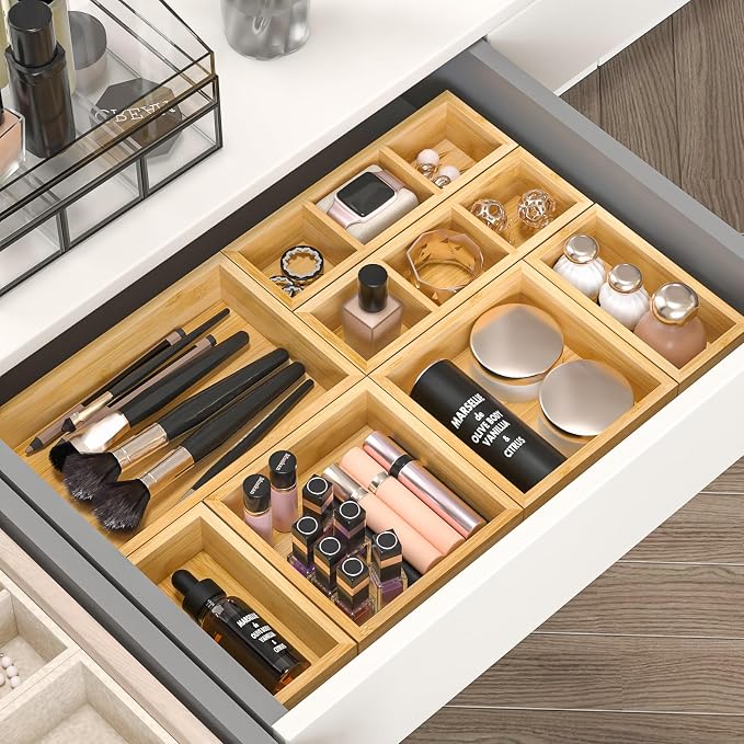 Bamboo Drawer Organizer, Set of 9 Wood Kitchen Junk Tea Desk Office Tray, Wooden Storage Boxes Organizers for Bathroom, Office (2" H 9 Boxes) - Image 6