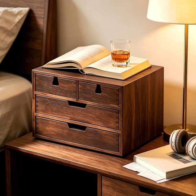 Bamboo Desk Organizer, 100% Natural Bamboo Desktop Drawer Organizer, Dark Brown Tabletop Storage Cabinet Organization Box with 4 Drawer for Makeup, Letter, Home, 3 Layer, Fully Assemble - Image 7