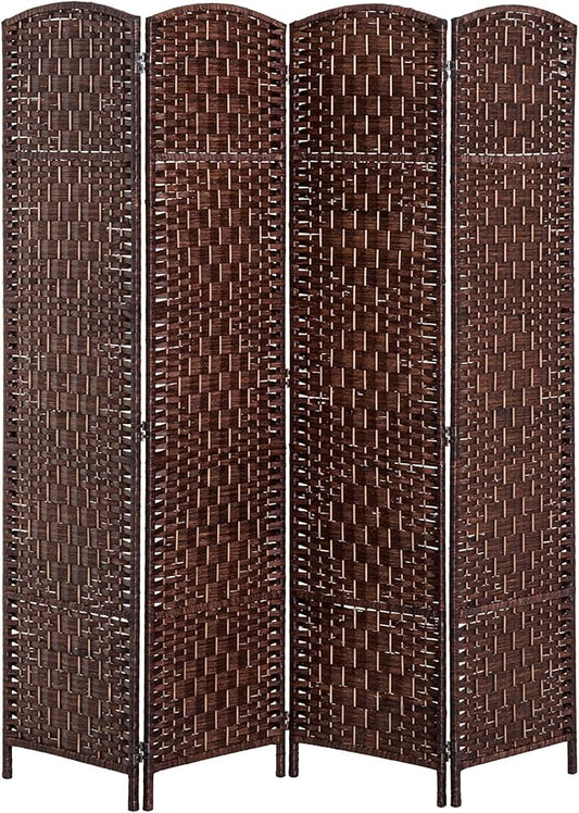 HOMCOM Room Divider 4 Panel, 6FT Tall Folding Privacy Screen, Freestanding Hand-Woven Partition for Room Separation with 360° Hinges, Paper Rope Diamond Weave, Brown