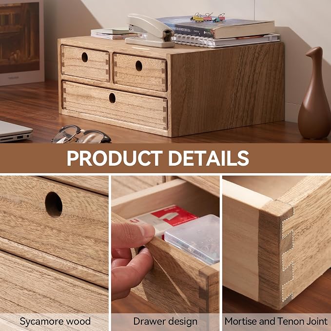 KIRIGEN Wood Desk Organizer with 3 Drawers, Desktop Storage Brown 23-DBR | Wooden Desktop Drawer Hold A4 Papers, Stationery, Jewelry, and Makeup, Fully Assembled for Home Office - Image 5