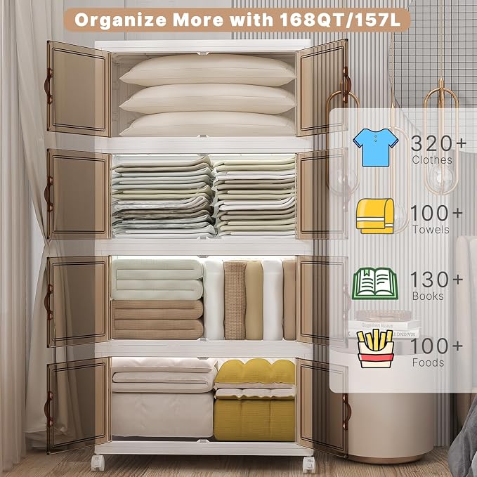 Stackable Storage Bins with Lids, 672QT Closet Organizers and Storage Cabinet with Doors & Wheels, Lockable Plastic Foldable Drawers for Bedroom Dorm Office Garage（168QT*4,White） - Image 3