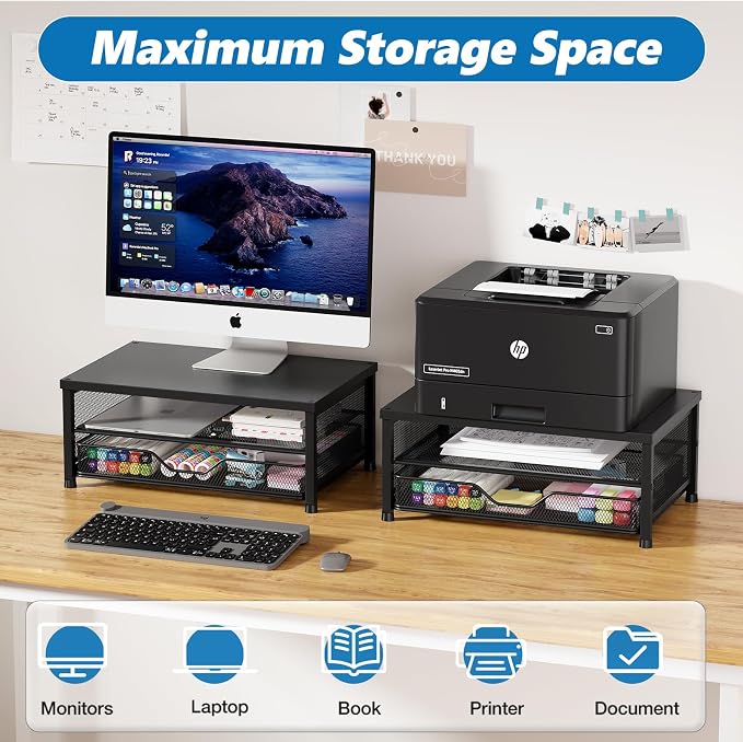 Computer Monitor Stand Riser, Desk Organizer with Drawer, Printer & Laptop Stand, Office Desk Accessories & Workspace Desktop Organizers Storage for Office Supplies(Black) - Image 7