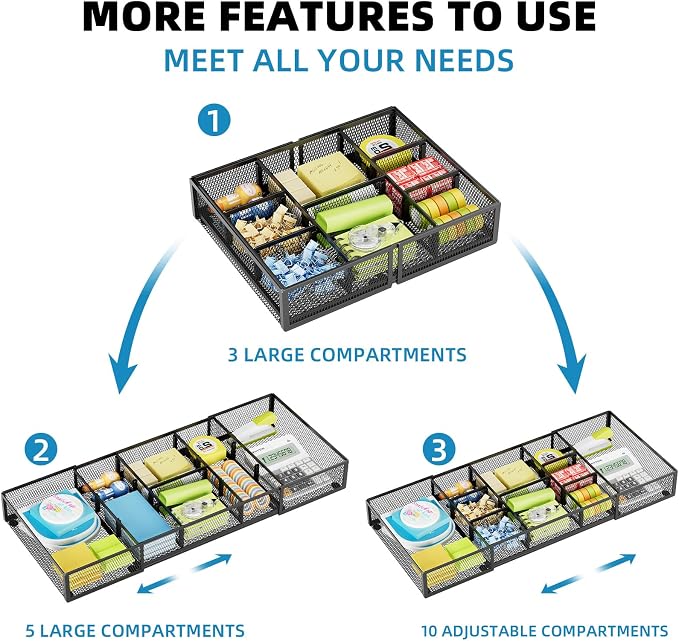 Marbrasse Expandable Desk Drawer Organizer, Mesh Drawer Organizer Tray with 10 Adjustable Compartments, Desk Organizers and Accessories for Office Supplies (Longer Expandable Drawer Organizer-B) - Image 5