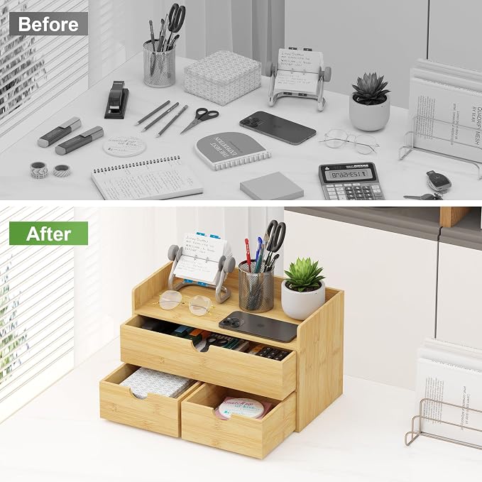 Bamboo Desk Organizer with Drawers, Desktop Storage Box for Office Supplies | 3 Drawers Desktop organizer, No Assembly Required, Natural Wood Wooden Desktop Drawers for Bills, Cosmetics, Seals, Paper - Image 6