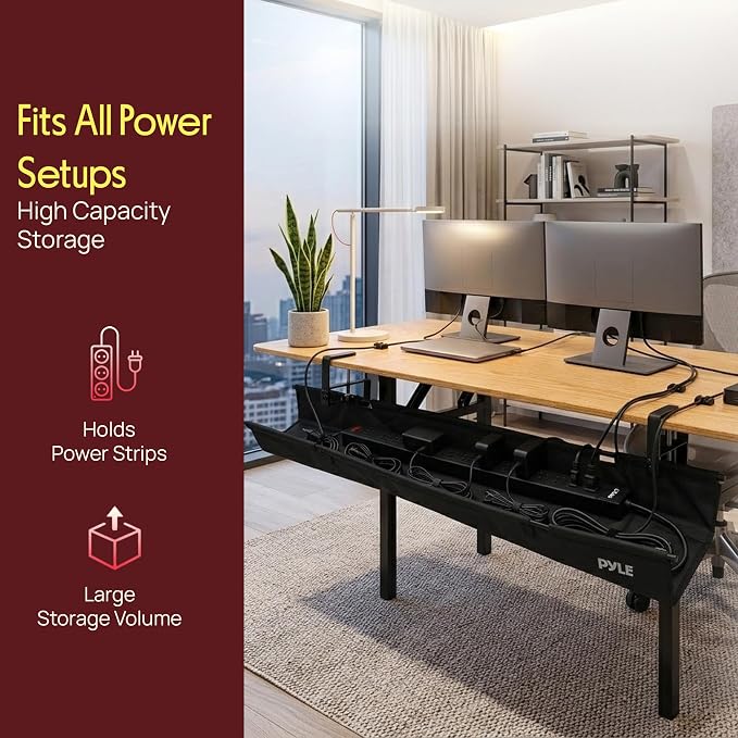 Pyle 36" Under Desk Cable Management Tray, Under Desk Wire Organizer with Clamp or Screw Mount, Desk Cable Organizer with Fabric Design for Large Workstations, Built-in Ties, 20 lb Capacity, Black - Image 2