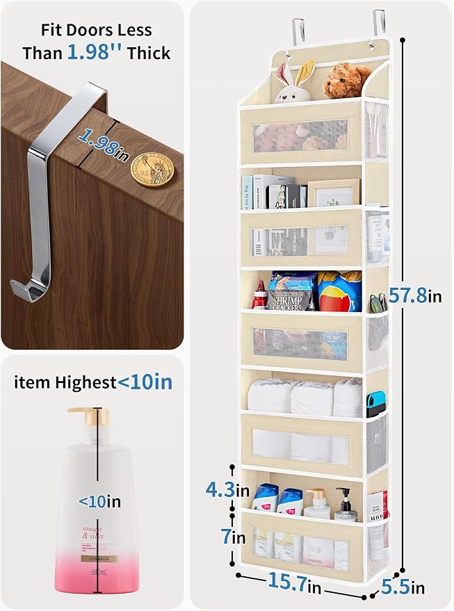 JARLINK Over the Door Organizer for Pantry, Bathroom, 5 Shelf Beige, 2 Pack | Anti-Tilt Design, 44 lb Load Capacity, Hanging Door Organizer with 5 Large Capacity Pockets, Behind Door Storage for Nursery - Image 2