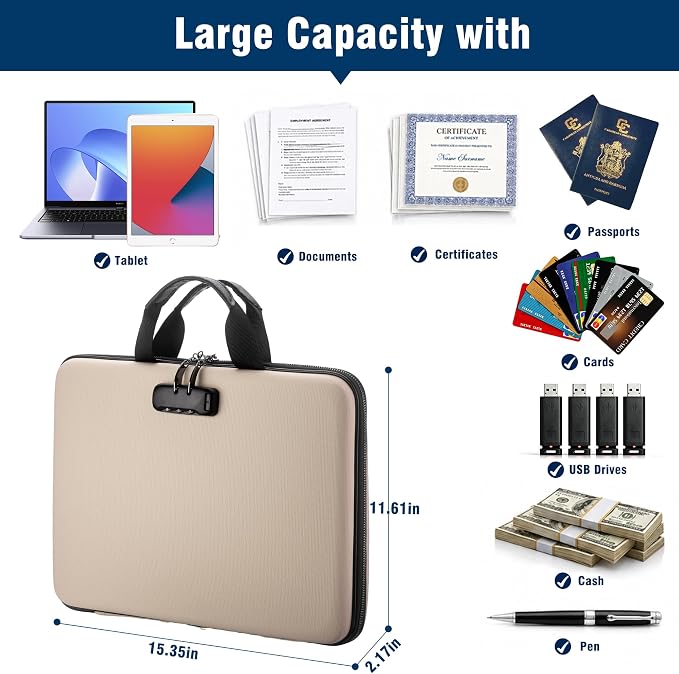 Fireproof Document Box with Lock, Hard-Shell Case Fireproof File Organizer with 13 Pocket Accordion File Folder, Portable Home Office Travel Safe Storage for Important Documents Laptop - Image 5