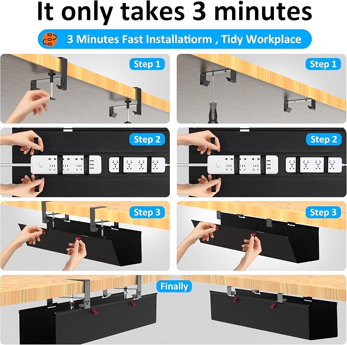 Under Desk Cable Management Tray - Under Desk Cord Management - Clamp/Screw Mount - Fabric Wire Management - Cable Raceways Tray Cord Hiders for Office/Home (Black, 35.8"×5.6") - Image 4