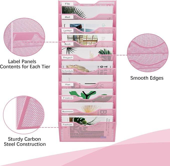 EasyPAG 10 Pocket Mesh Wall File Organizer, Hanging Paper Folder Holder with Classify Label, Vertical Wall Mount Mail Organizer for Office Home Classroom, Pink - Image 3