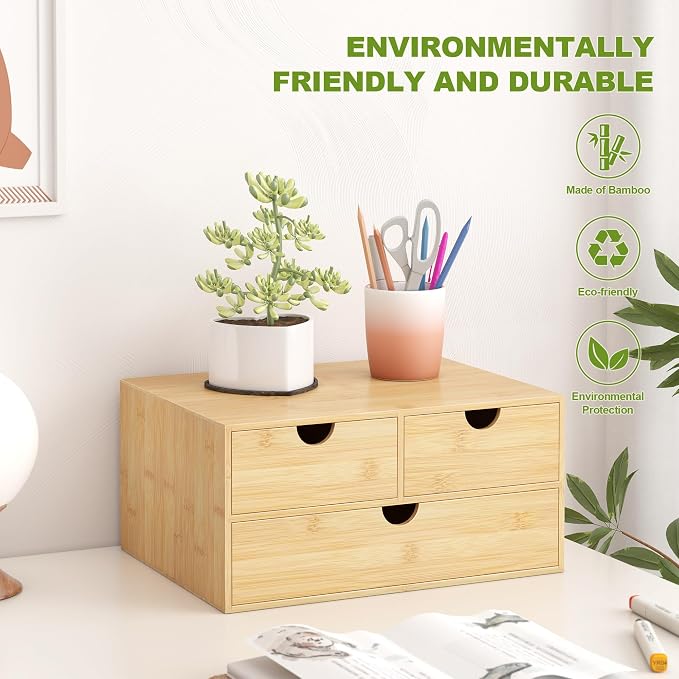Bamboo Desk Drawer Organizer, Large Desktop Organizer with Drawers Tabletop Storage Organization Box for Office Home Toiletries Supplies Vanity, No Assembly Required (L-3 Drawers) - Image 4