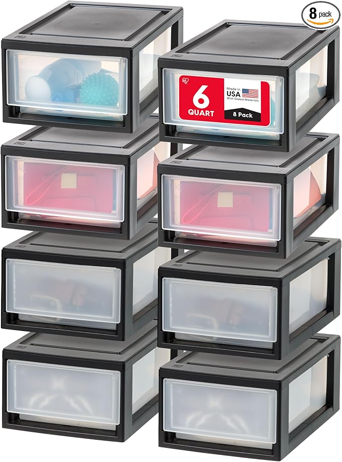 IRIS USA 8-Pack, 6 Qt. Small Stacking Drawer Storage Organizer, Black | Organize craft supplies, accessories, office items, and small essentials around your home with separate storage spaces by IRISUSA