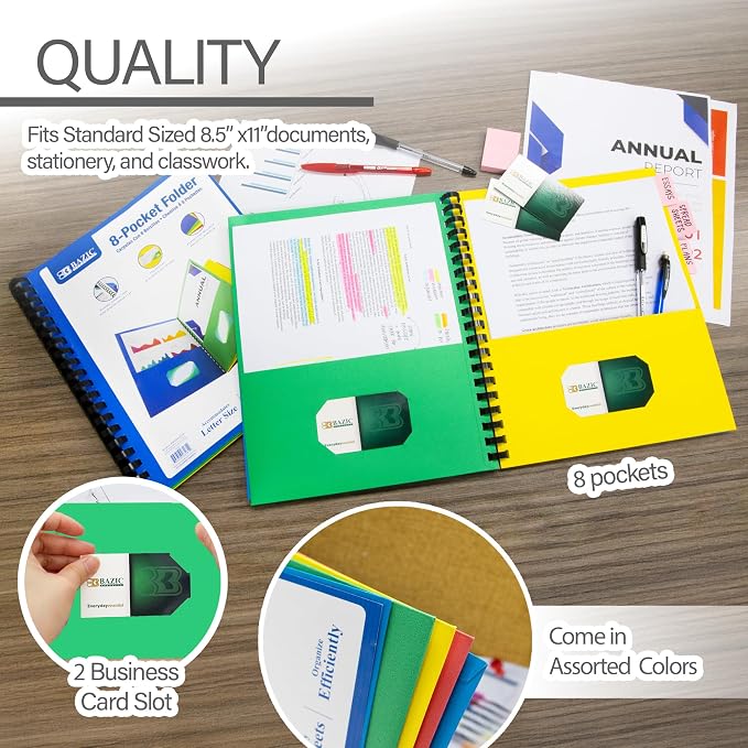BAZIC Products Assorted Color Paper 8-Pocket Folder Organizer | business card slot, Sorts letter-size 8.5 x 11 in papers - Image 3