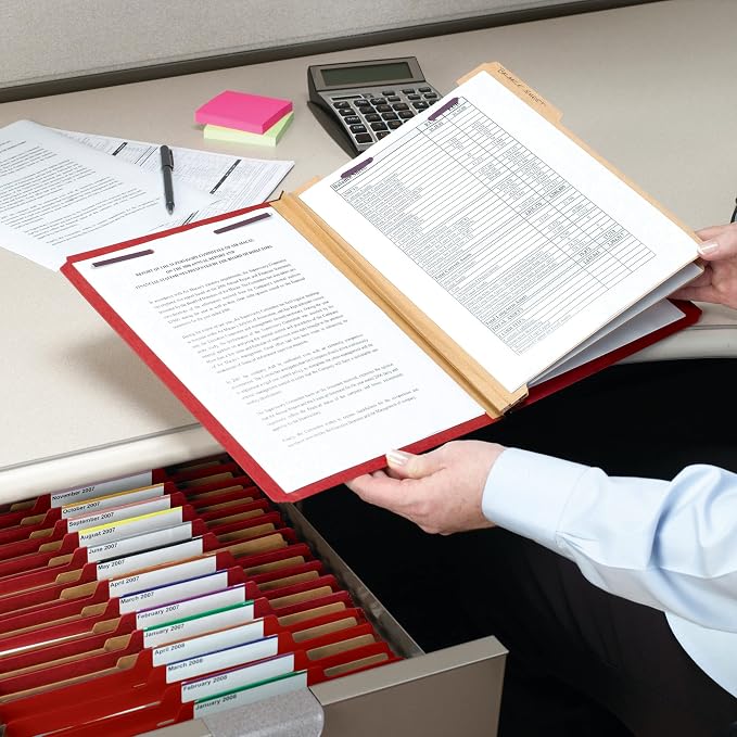 Smead Pressboard Classification File Folder with SafeSHIELD® Fasteners, 3 Dividers, 3" Expansion, Letter Size, Bright Red, 10 per Box (14095) (Pack of 1) - Image 3