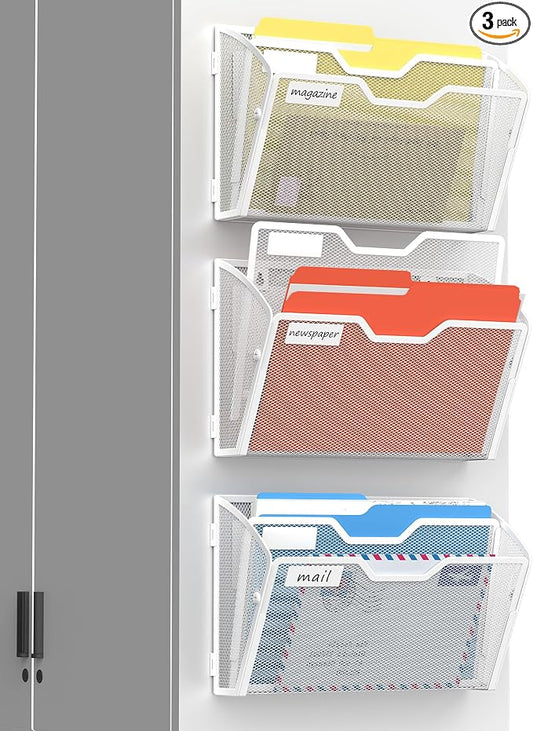 Docnest 3 Pack 2 Tier Dual-Mount Magnetic Mesh File Holders, Wall Organizer | Mount magnets or screws. 2-in-1 hanging mesh mail letter organizer with hooks for office and home clutter by DocNest