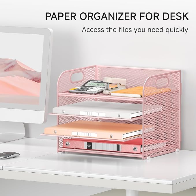 4-Tier Paper Organizer for Desk With Handle, Mesh Desktop File Tray, Office Classroom Organization and Storage - Pink - Image 6