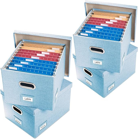 File Organizer Box - Set of 4 Collapsible Decorative Linen Filing Storage Hanging File Folders with Lids Office Cabinet Letter/Legal Size Blue 17.1x14x11.1 inch by Prandom