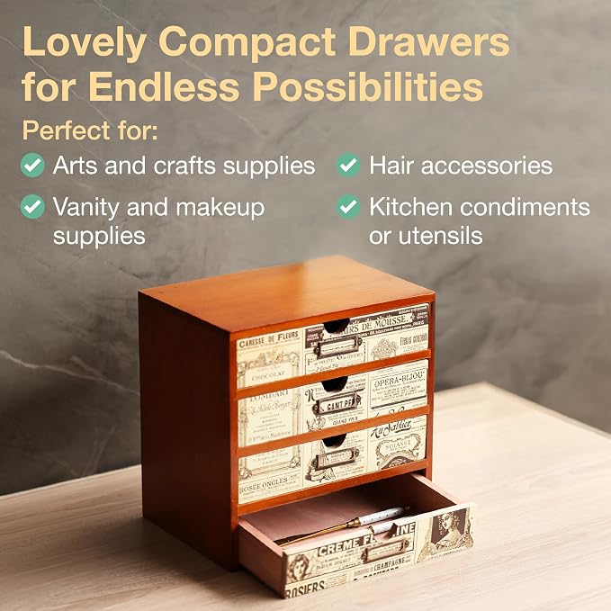 4-Drawer Vintage Ephemera Pattern Desktop Organizer - Arts and Craft Newspaper Design Desk Storage Cabinet - Ephemera Wood Shelf Drawers with Label Holders - Scrapbook Collecting - Image 7