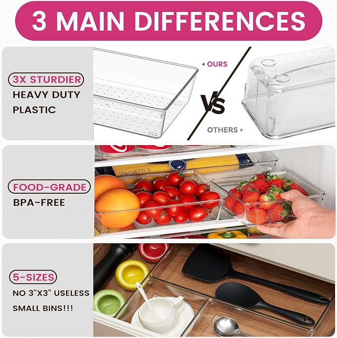 Large Drawer Organizer Bins 26 Pack | Complete 5 Size Clear Plastic Kitchen Drawer Organizers for Utensils | Bathroom Drawer Organizer Trays | Versatile for Makeup Office Organization - Image 5
