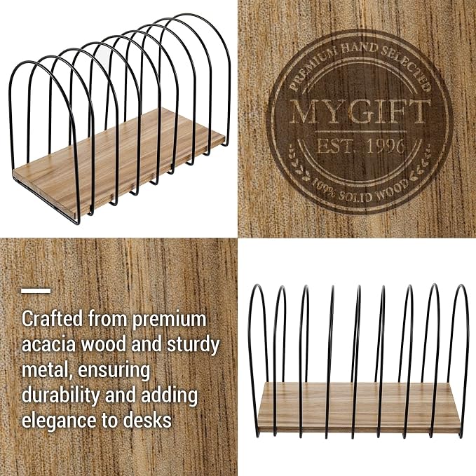 MyGift 14 Inch Large Desktop Document Holder, Premium Acacia Solid Wood and Black Metal Wire Arch 8 Section File Folder Storage Rack, Office Desk Organizer - Image 2