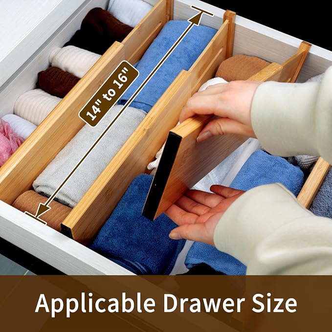 Utoplike Bamboo Drawer Organizer, 4" H Dresser Drawers Dividers for Clothes | Adjustable Drawers Organizers for Clothing, Silverware, in Kitchen, Bathroom, Bedroom Drawer, Fit 14"-16" Drawers - Image 2
