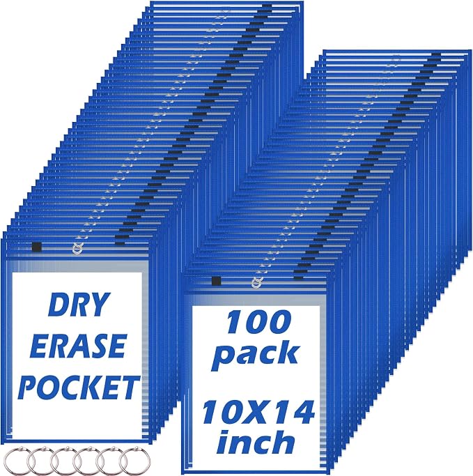 100 Pack Dry-Erase Pockets Sleeves Bulk Job Ticket Holders Oversized Reusable10x14 Blue Plastic Sheet Page Protectors, Heavy Duty Clear Work Pockets, Teacher School Classroom Supplies by Oleitodh