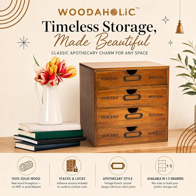 Modular Stackable Apothecary Cabinet 4 Drawer Desk Organizer - Retro Library Card Catalog Wood Storage Box - Organize Stationery, Thread Embroidery, Sewing, Crafts, Junk Drawer & Supplies Countertop - Image 9