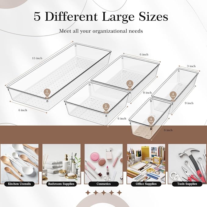 14 PCS Clear Plastic Drawer Organizer Set - 5 Large Size Versatile Kitchen and Bathroom Organizer Trays, Non-Slip Storage Bins for Makeup, Utensils, Tool and Office Desk - Image 2