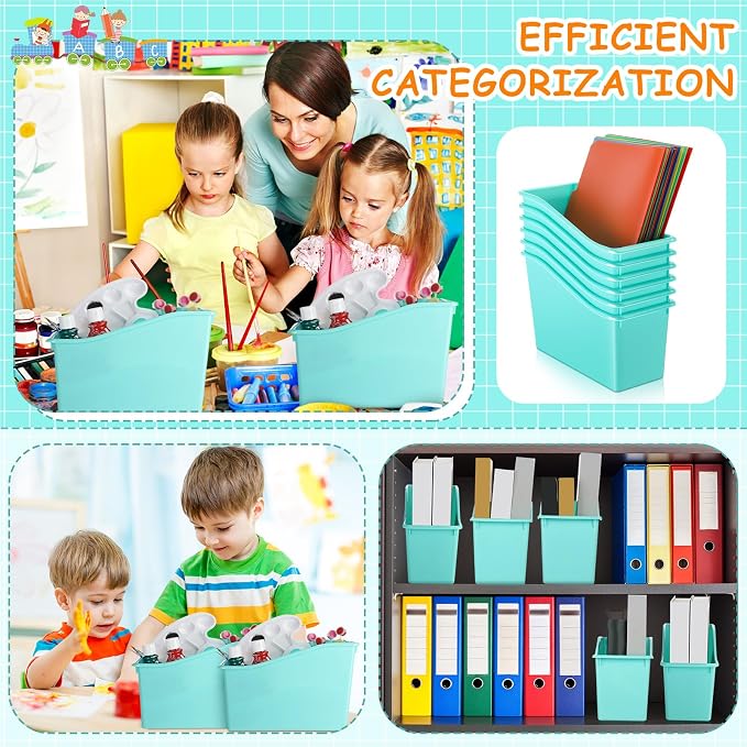 12 Pcs Book Bins for Classroom Plastic Binder Holder Magazine Stuff Folder File Organizer Box for Home Office School Supplies (Water Blue) - Image 5