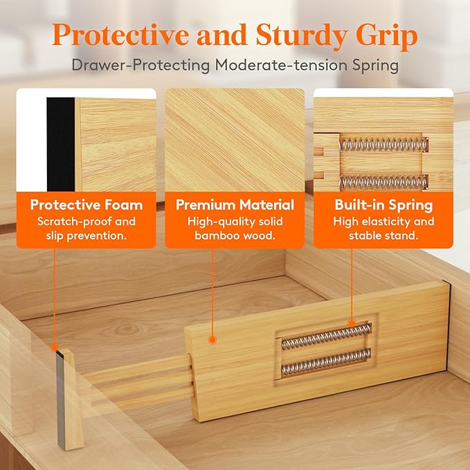 Lifewit 4" High 5 Pack Bamboo Drawer Dividers 31-40cm/12-16 Adjustable Wooden Drawer Organizer for Clothes/Utensils, Expandable Drawer Separator for Dresser/Kitchen/Bedroom/Office Organization - Image 3