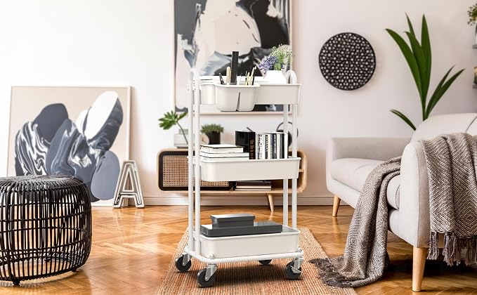 Simple Houseware 3-Tier Rolling Utility Cart with Hanging Bucket, White | Storage for Bathroom, Kitchen, Office, Study Room, Nursery Diaper - Image 7